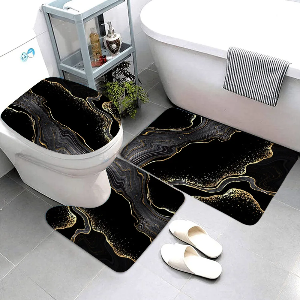 3pcs Sets Black Marble Bath Mats Gold Grey Lines Creative Abstract Geometric Art Home Bathroom Door Rug Anti-Slip Toilet Lid Mat