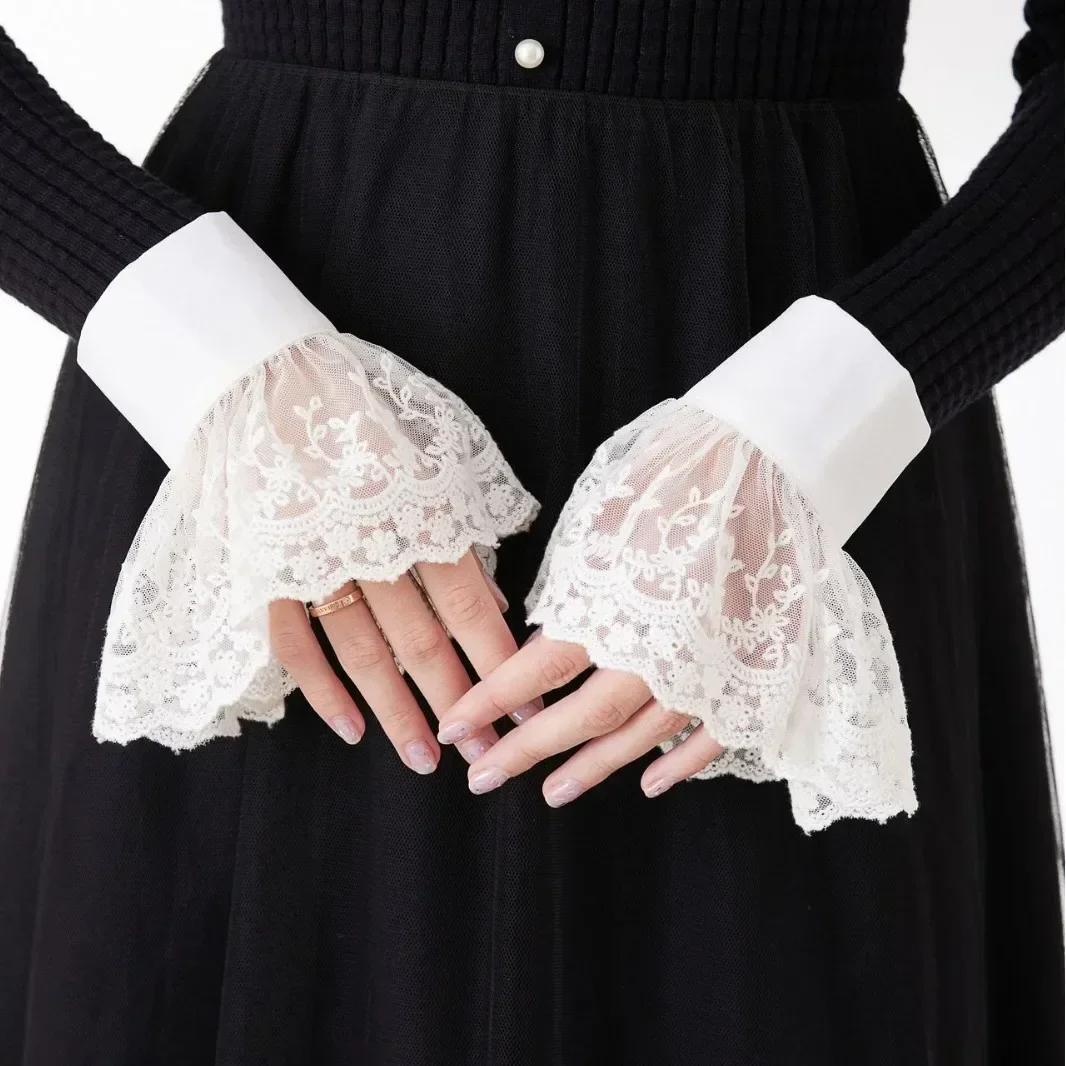 1Pair Detachable Cuffs Lace Flower Mesh Fake Flared Sleeves Double Layer Pleated Ruched False Cuffs Sweater Blouse Wrist Warmers
