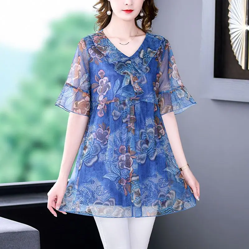 Women Floral Print Ruffle Vintage Elegant Blouses 2023 Summer Fashion V Neck Short Sleeve Casual Shirts Loose Ladies Tunic Tops