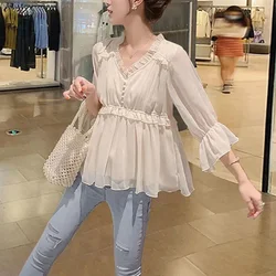 Patchwork Fashion Korean Loose V-neck 3/4 Sleeve Women Tops Solid Color Chiffon Harajuku Elegant Comfortable Corset T-shirt