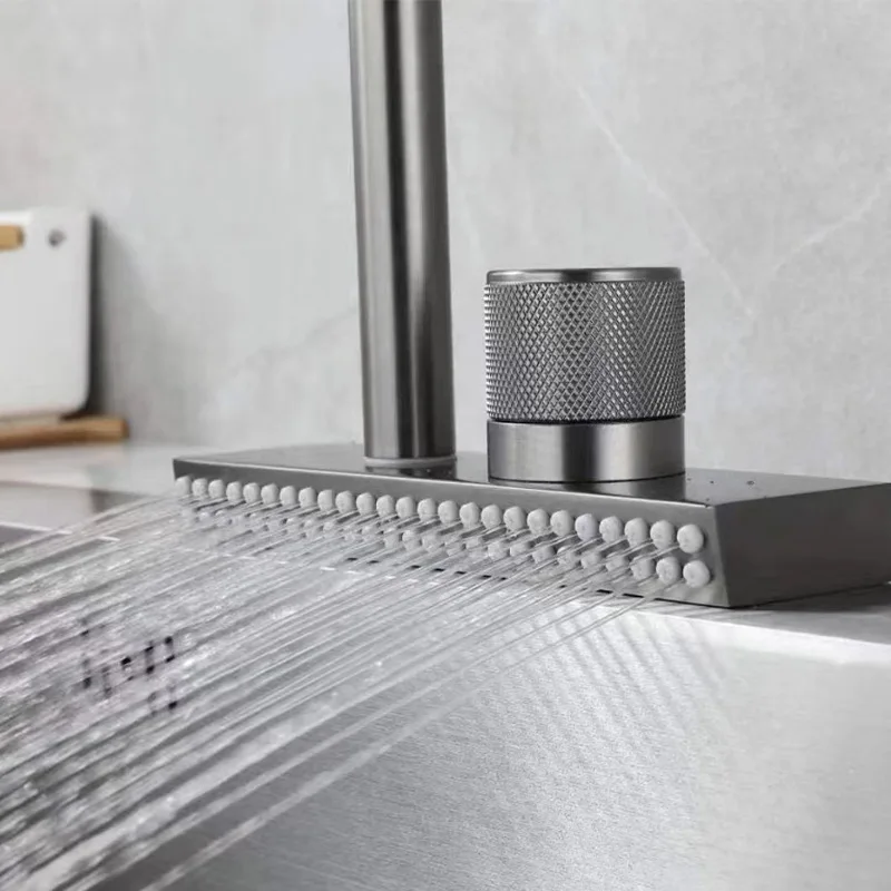 304 Stainless Steel Single Hole Waterfall Hot And Cold Kitchen Faucet Grey Pull Out Rotation Kitchen Sink Tap Multifunctional