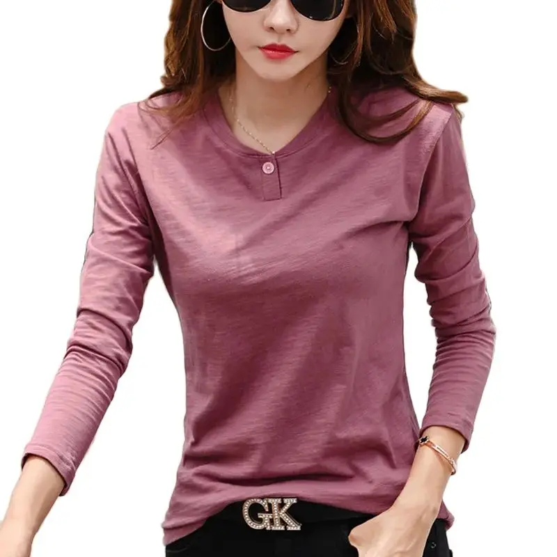 2026 Long Sleeve Spring Women Slub Cotton T Shirts Female Button Green V-Neck Solid Color T-shirt Coffee Korean Soft Loose Tops
