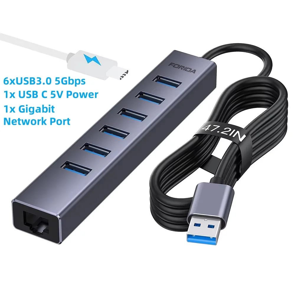 Forida USB 3.0 Hub 8-in-1 USB to Network HUB with 6 USB 3.0 Data Transmission Gigabit Ethernet Port and 5V/3A Power Adapter Hub