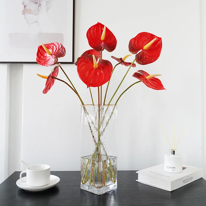 Ramos de flores de anturio de palma Artificial de PU, centros de mesa, decoración nupcial para boda, accesorios de decoración del hogar, 1 ud./5 uds.