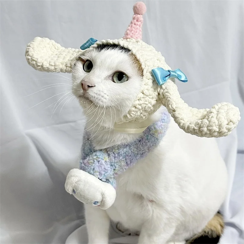 Handmade crocheted Cute cartoon big ears decoration Pet cat hat blue Bow decoration party cosplay costume Funny Fashion hat