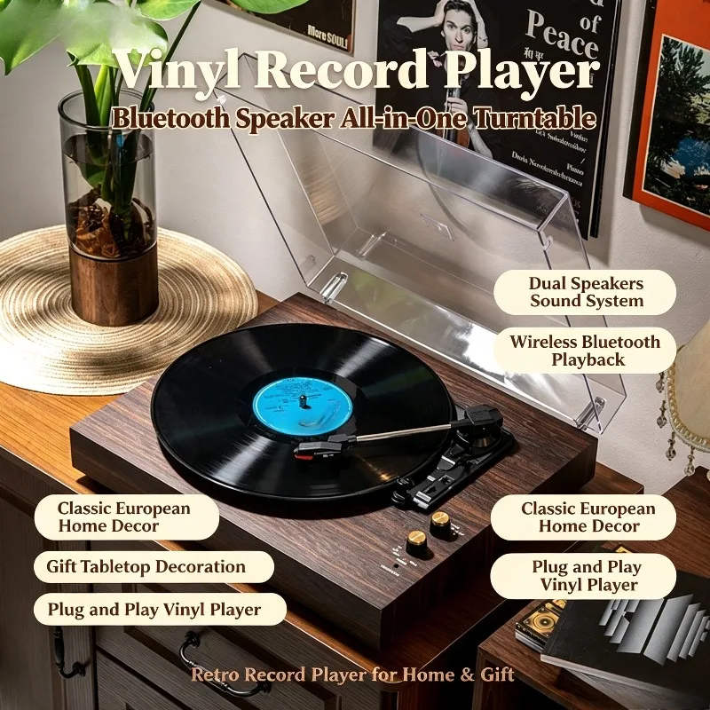 Vintage Vinyl Record Player All‑in‑One Turntable Built‑in Bluetooth Speaker Dust Cover Home Decor Gift EU/US/UK Plug Optional