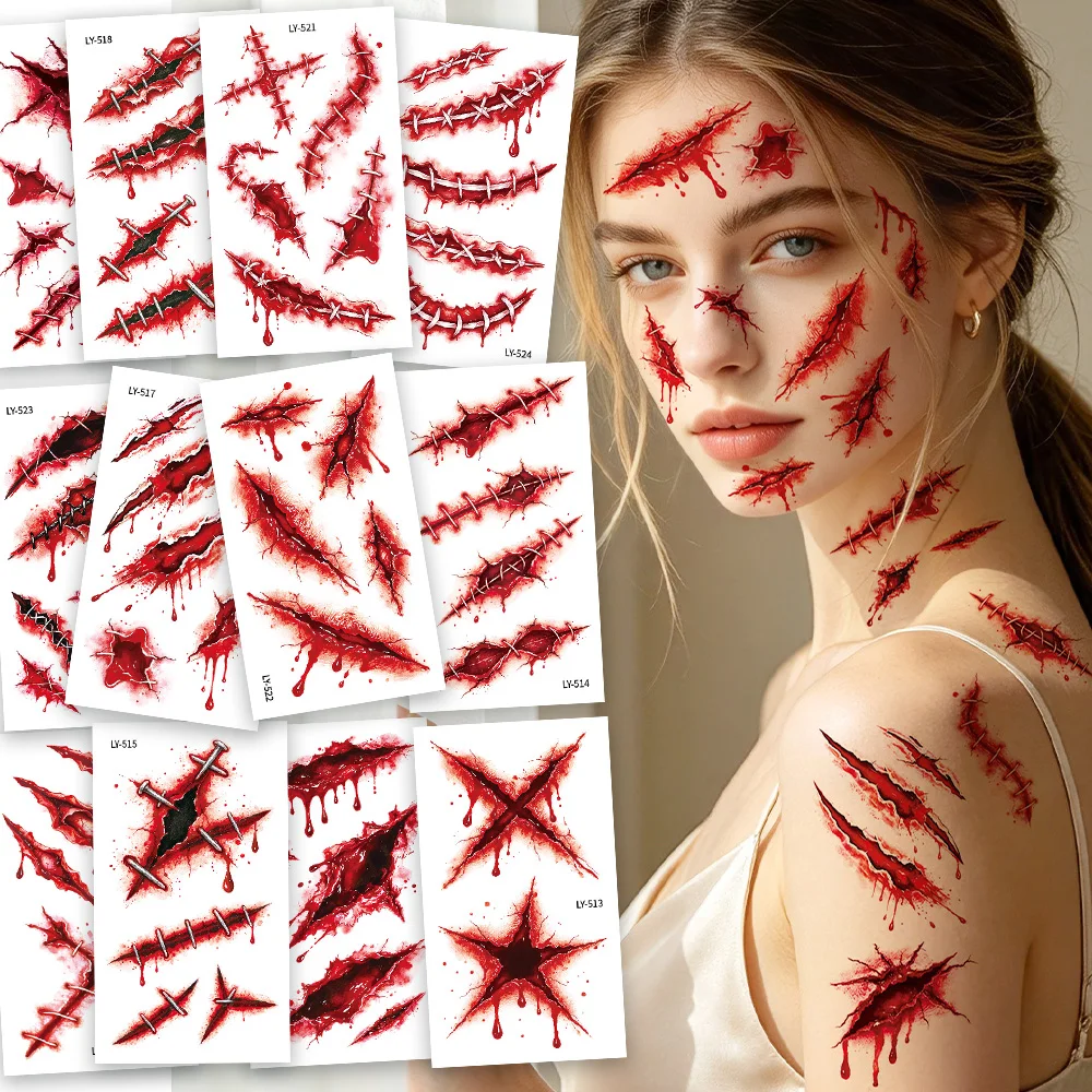 12 Sheets Halloween Realistic Bloody Scars Fake Wound 3D Temporary Tattoos for Adults, Halloween Party Favor Supply Decor, Gifts