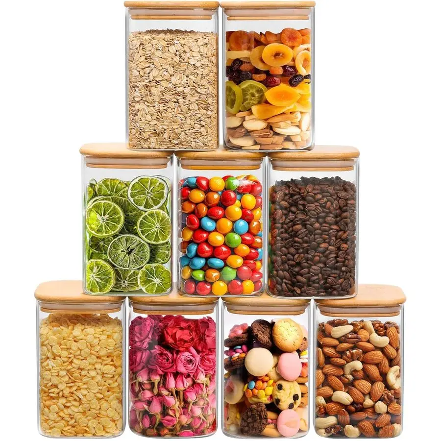 

1.2 Qt Glass Storage Containers with Lids, Glass Jars with Lids, Clear Food Storage Jar, Square Canister Set of 9, Pantry Organi