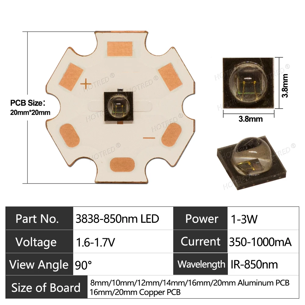 3W High Power LED Chip IR 850nm 3838 Chip 90degree Beads Emitter Light Infrared Radiation Laser Flashlight Night Vision Camera