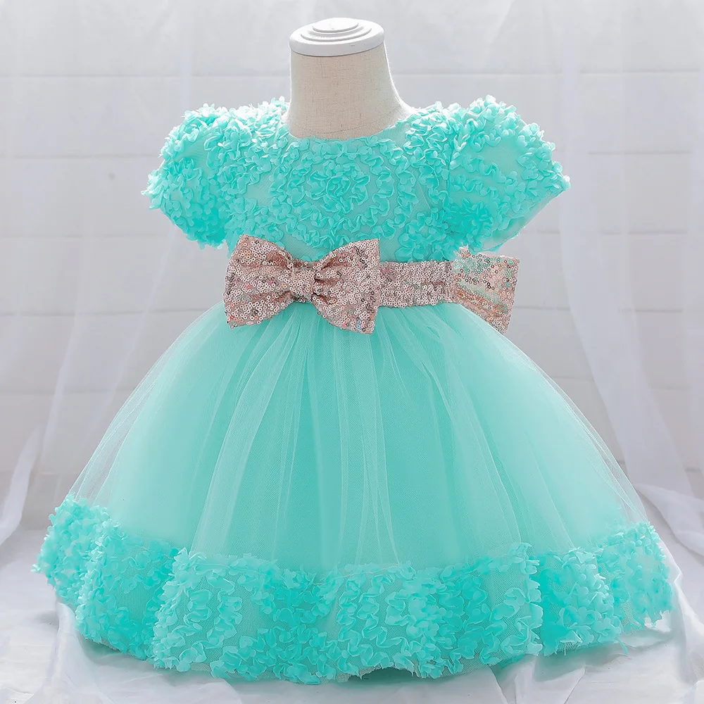 New Toddler 6M12M24M Girls Birthday Solid Color Tail Dress Children\'s Party Dress Princess Rose Flower Dress Girl Baby Bow Dress