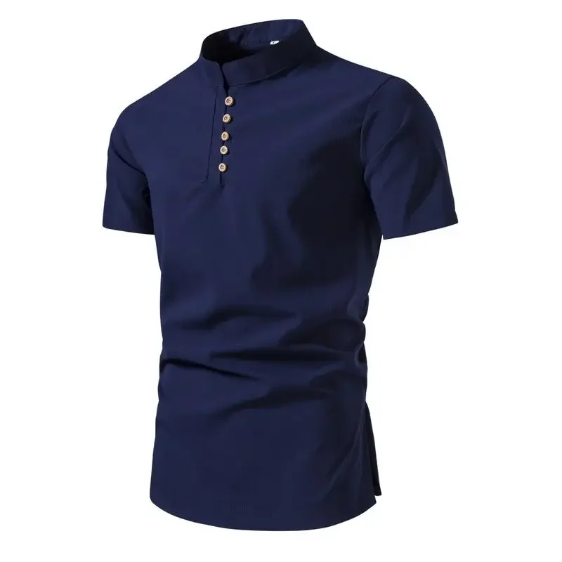 Sommer Einfarbig Stehkragen Shirts Männer Kurzarm Casual Tops Mode Slim Fit Herren Weiß Pullover Hemd Plus Größe M-5XL