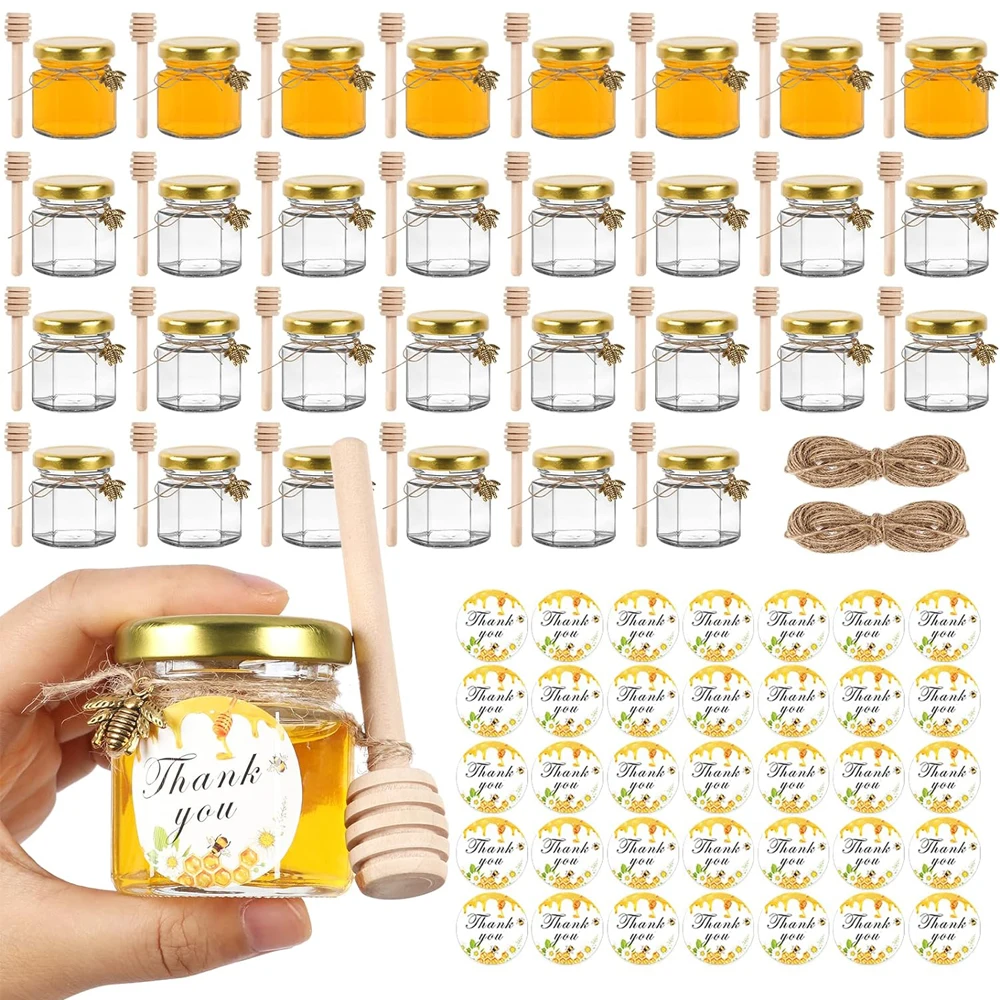 12pack 1.5oz Hexagon Glass Mini Honey Jars with Dipper Party Wedding Baby Shower Favors for Guests Candy Jars with Stickers