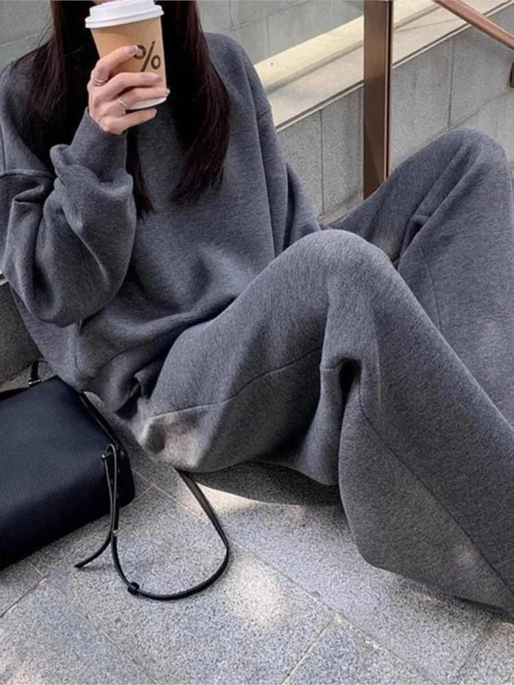 Pullover Sweatshirt + Wide Leg Pant Sets O Neck Tops Sweatpants Woman Tracksuit Gray Cotton Blend Loose Winter Female Outfits