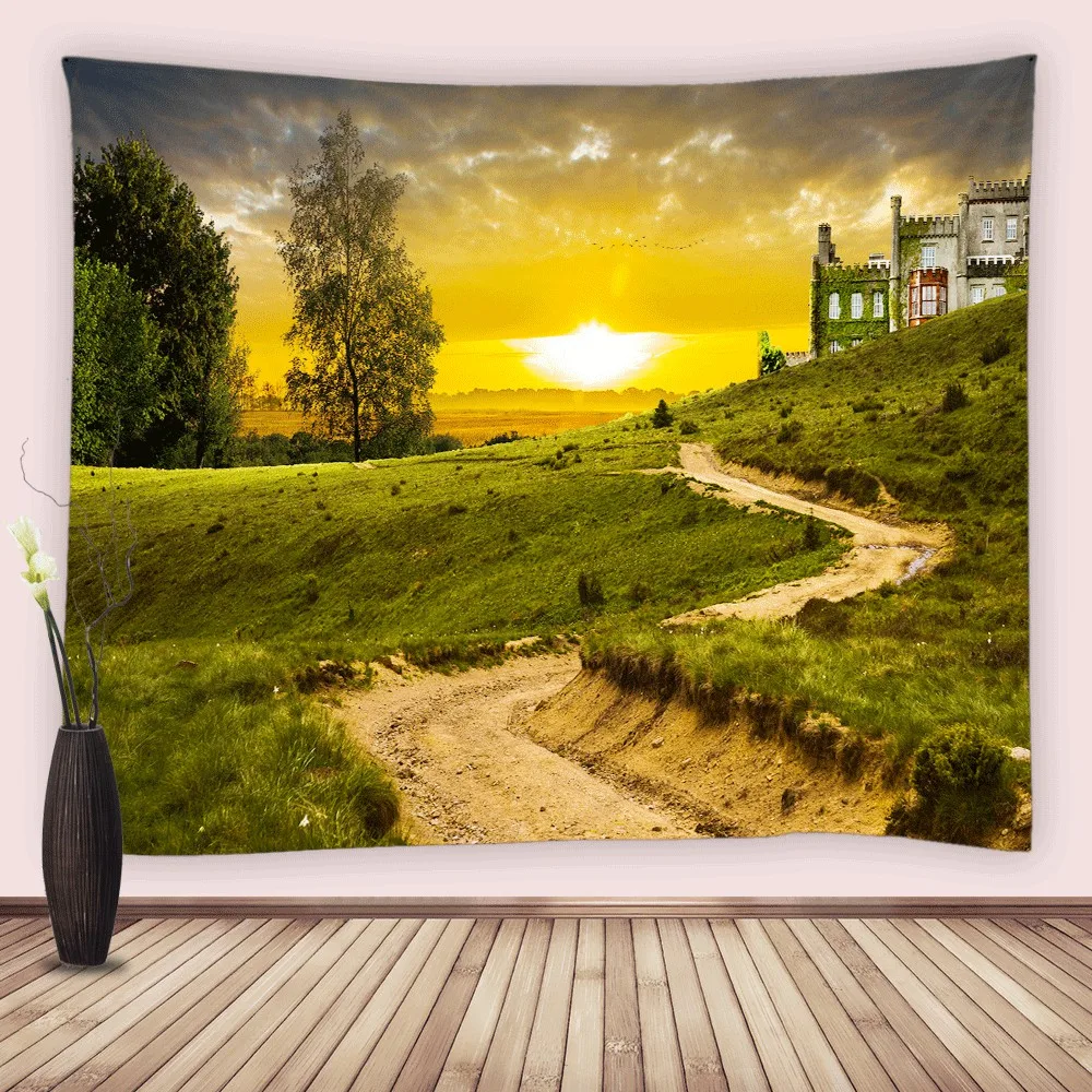 

Rural Road Forest Countryside Tapestry Natural Mountain Landscape Castle Wall Hanging Fabric Tapestries For Living Room Bedroom