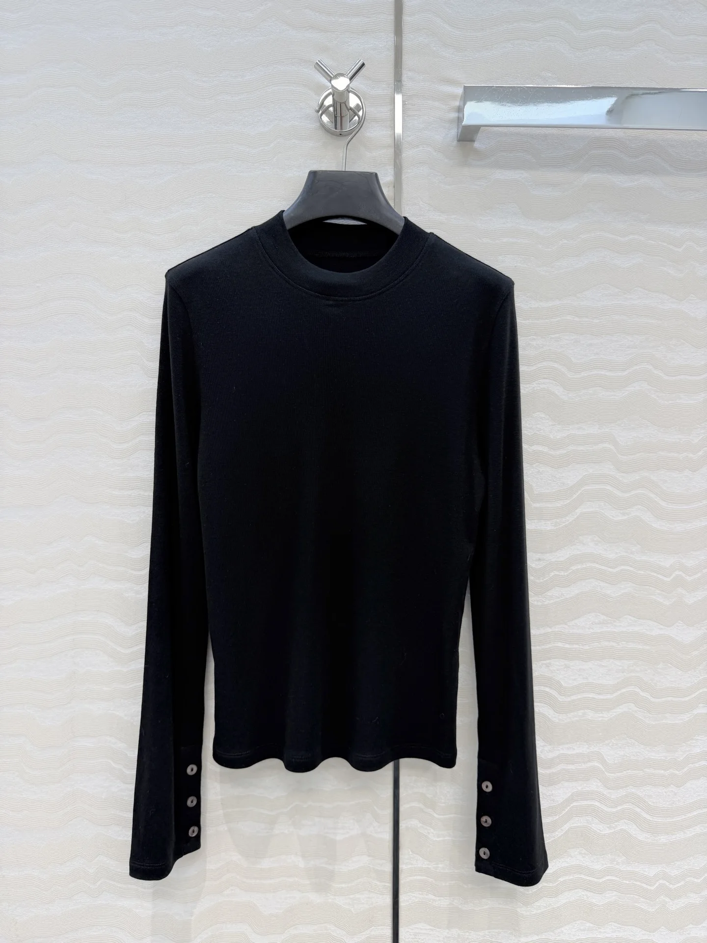 Women Low Neck Wool Base Top Slim Minimal Layering Shirt Shell Button Slit Cuff Lenzing Wool Blend Soft Knit Tee