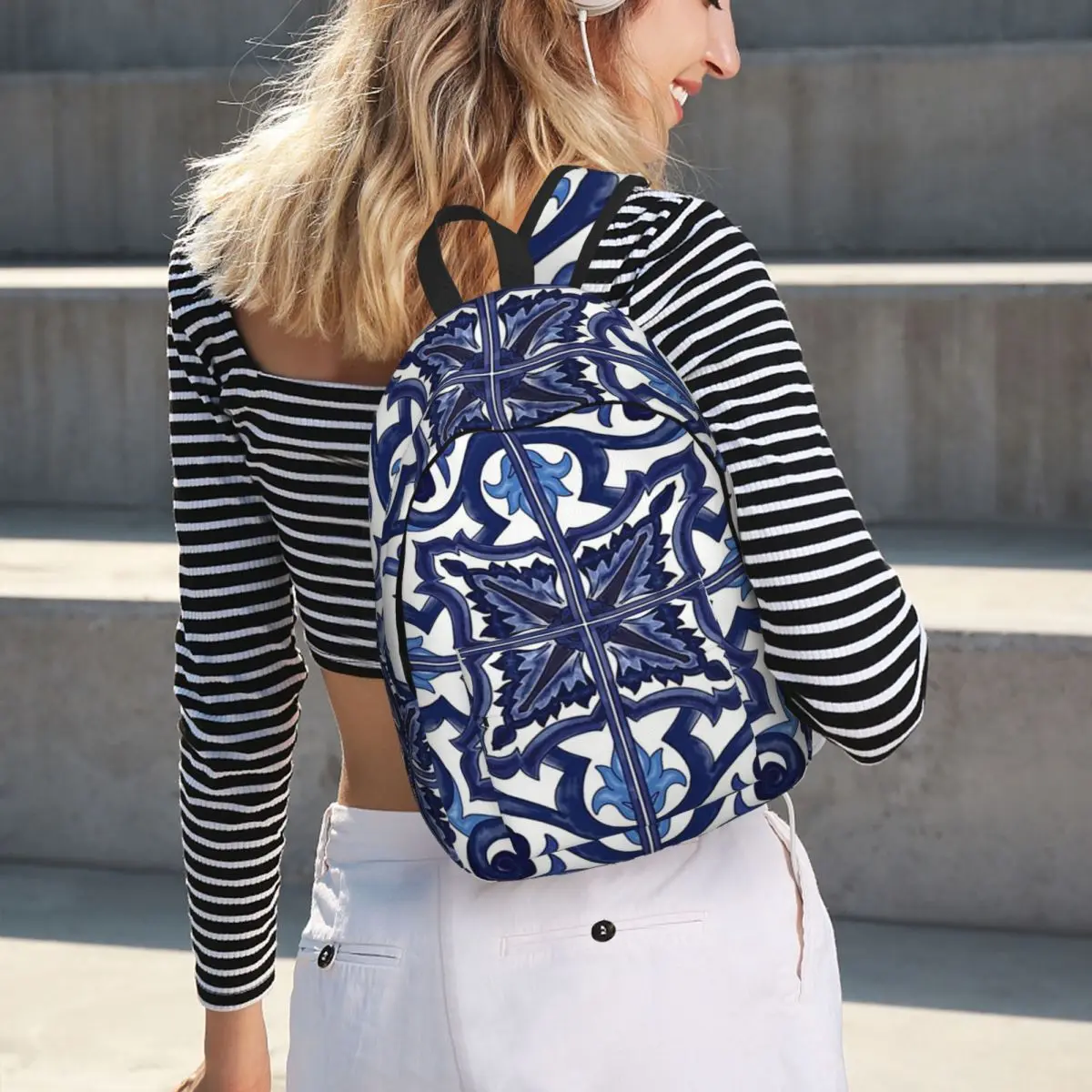 Blue Ornate Floral Mediterranean Sicilian Tile Backpack School Bag Hiking Travel Daypack for Boys Girls Bookbag Shoulder Bags