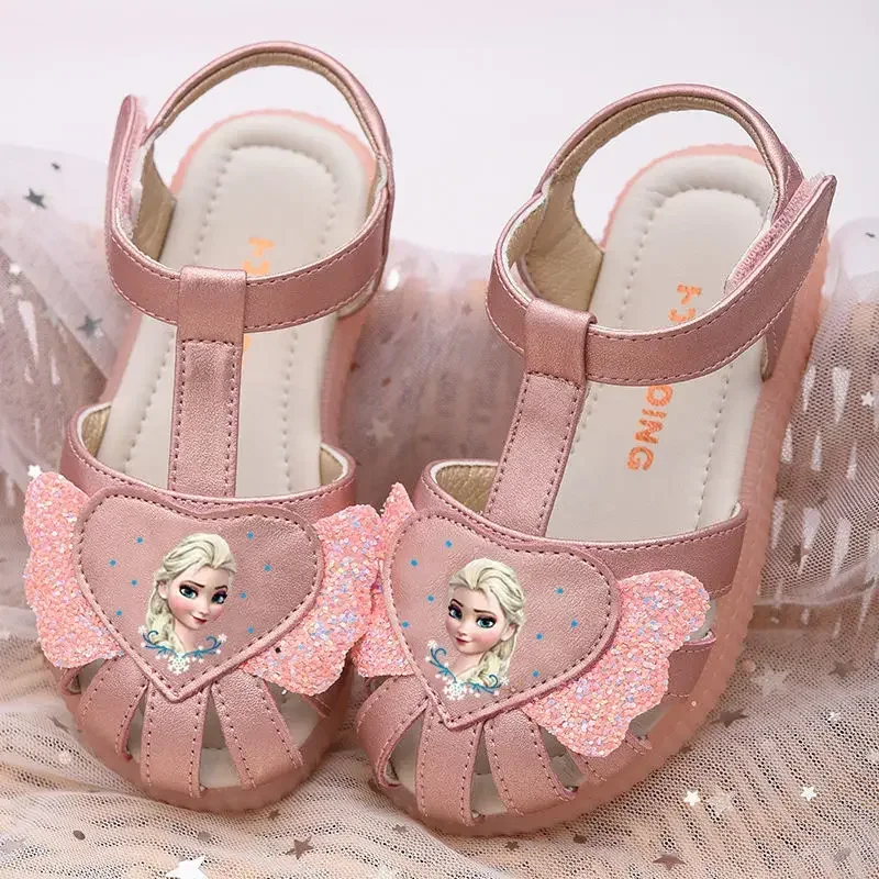 Disney Frozen Elsa Girls Sandals 2024 Summer New Genuine Leather Princess Shoes Fashion Casual Shoes Kids Beach Shoes Size 23-36