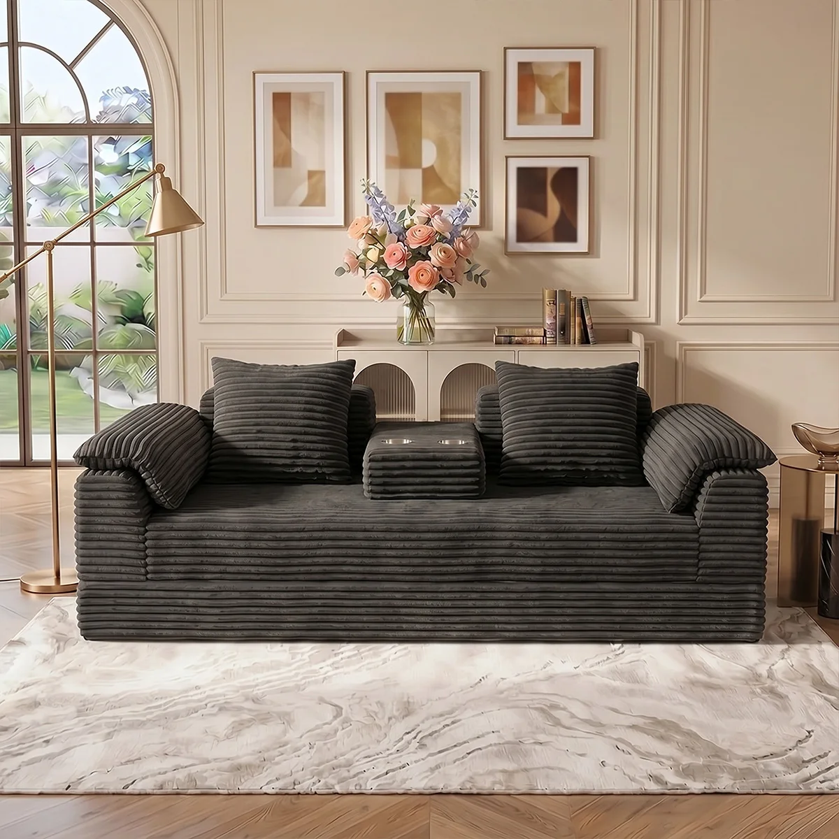 Oversized Foldable Vertical Striped Corduroy 2-Seater Modular Sofa, Frameless Block Floor Lazy Couch with Side Storage Pockets & Cup Holder Ottoman, No Assembly Ultra Deep Soft Seat Fabric Sofa for Small Living Room, Apartment & Bedroom