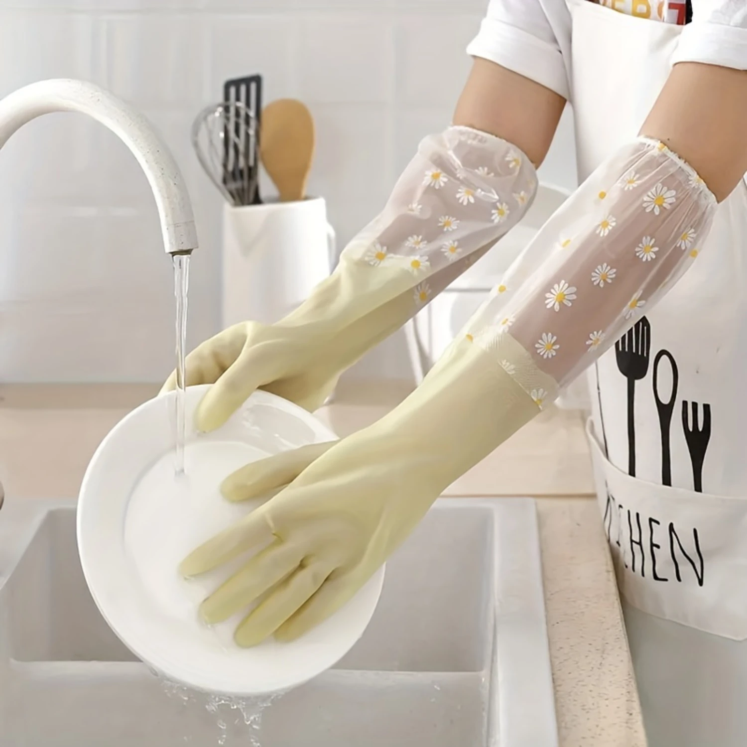 1 Pair Waterproof PVC Gloves with Long Floral Sleeve - Reusable, Flexible Dishwashing Gloves for Kitchen, Bathroom, Oven, Car, P