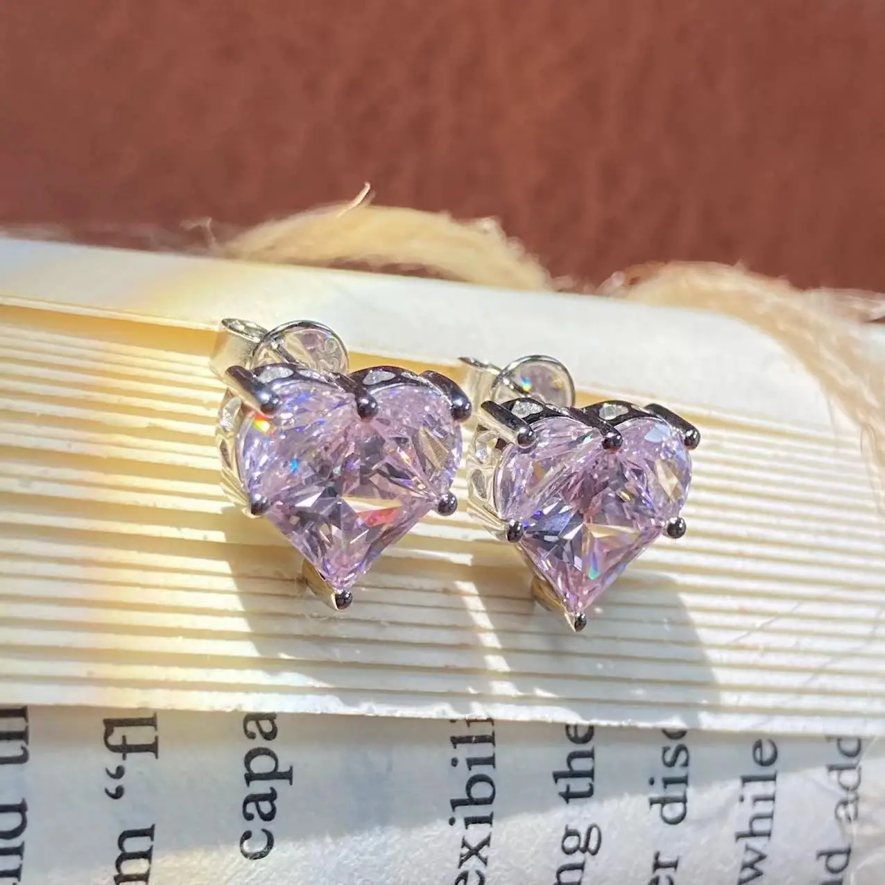 S925 silver pink zircon love earrings female Japan and South Korea light luxury high sense of exquisite all-match ear jewelry