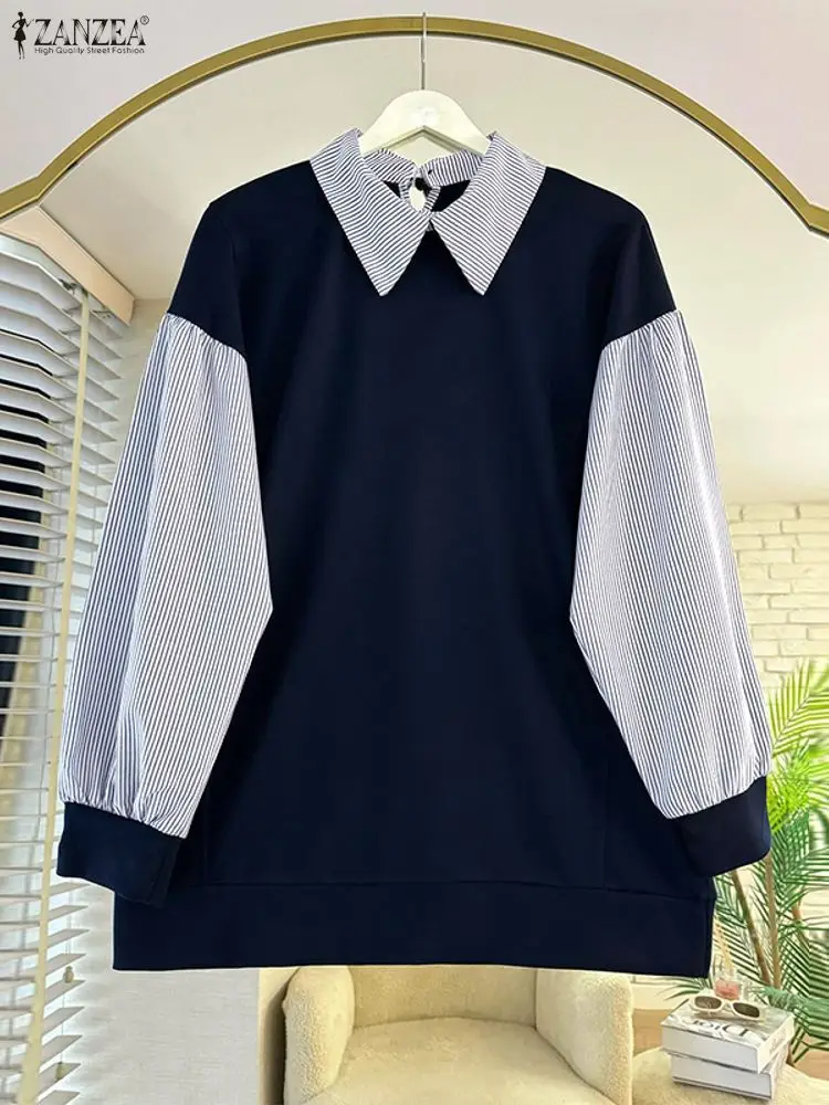 

ZANZEA, модные полосатые толстовки, женские пуловеры, осень 2021, лоскутная туника с длинными рукавами, топы, повседневные свободные блузки, джемперы