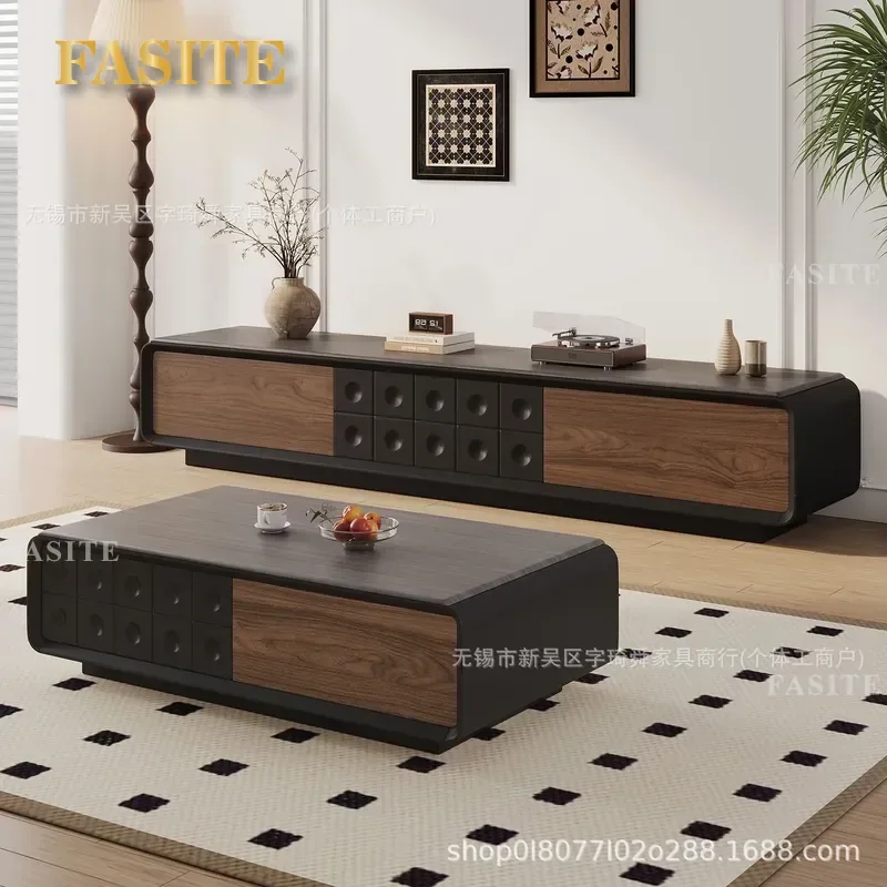 For French Solid Wood TV Cabinet Coffee Table Combo Set Living Room Home Retro Floor Standing Medium Antique Style Complete