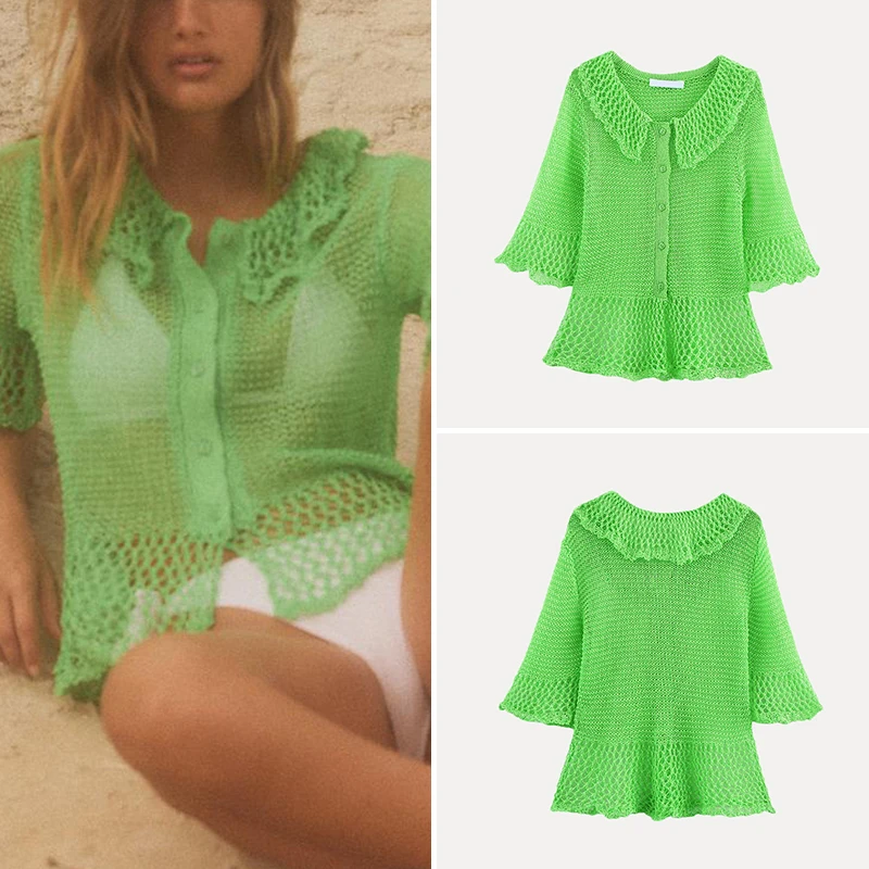 een ort Sve Hollow out Knitted Jaet Women's Sle Summer New Arrival Loose Fit Street Sle Polyester Fiber Button C...