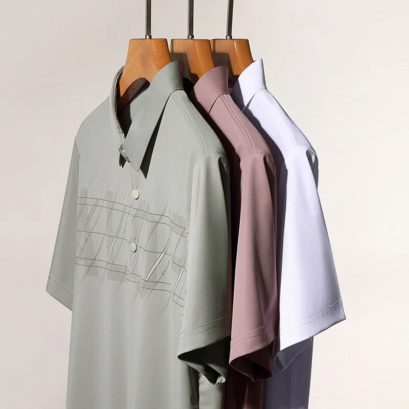 Summer Men Short Sleeve Polo Shirt Thin Business Casual Turn Down Collar Loose Fit Color Block Print