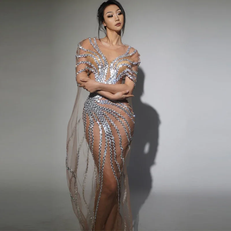 

Perspective Mesh Catwalk Outfit Women Singer Evening Gown Sexy Sequins Party Celebrate Dress Stage Performance Wear