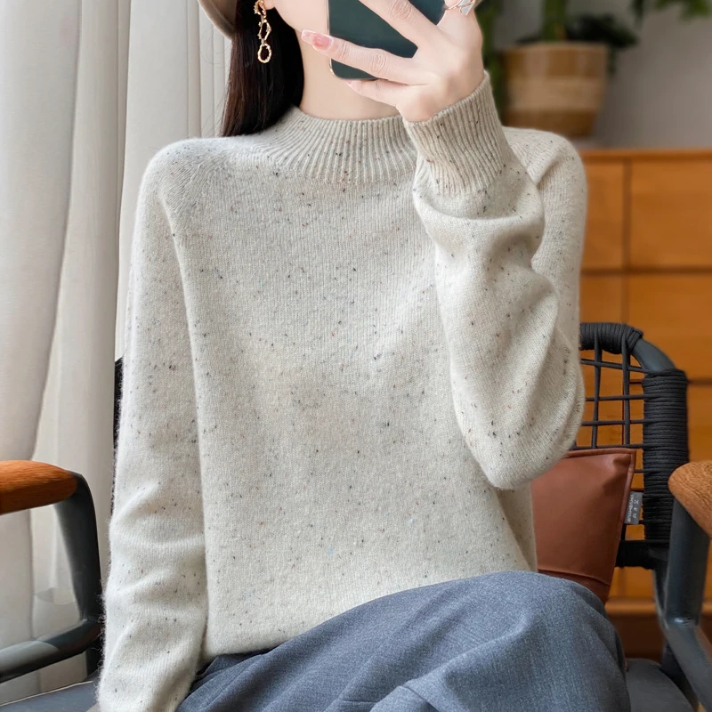 Thickened Women's 100% Merino Wool Semi-high Neck Pullover Warm Sweater In Autumn and Winter Women's Long-sleeved Knit Top