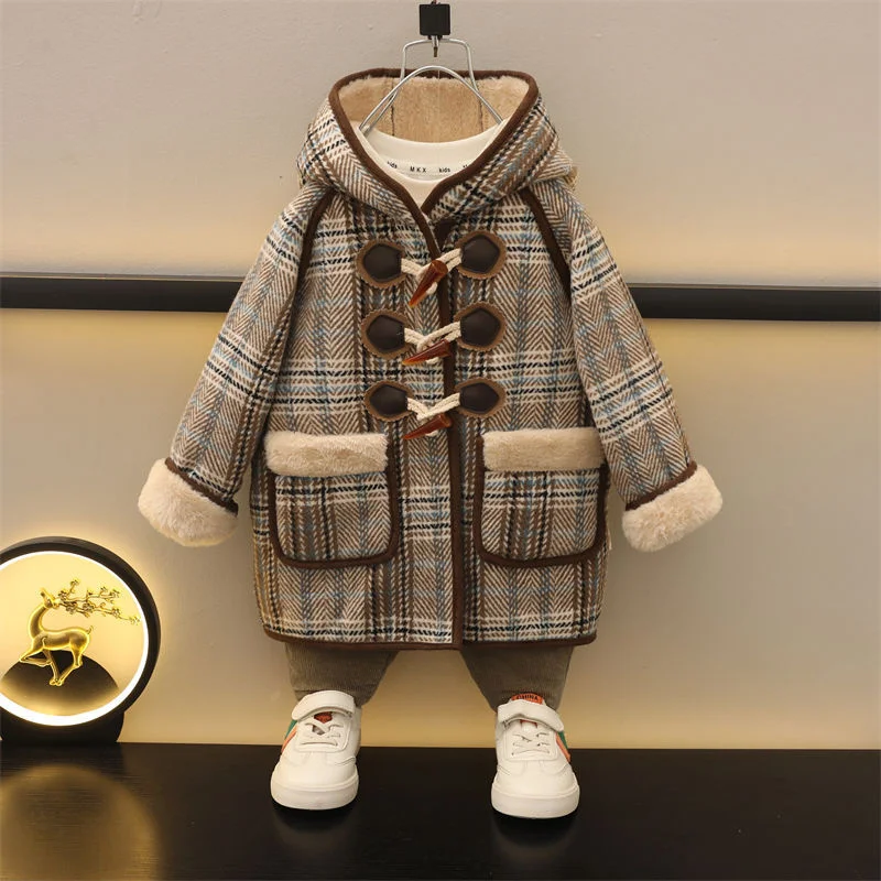 Thicken Boys Woolen Jackets Winter Warm Children Outerwear Kids Hooded Long Wool Overcoat 2024 New Teenager Cotton Clothes 5-12Y