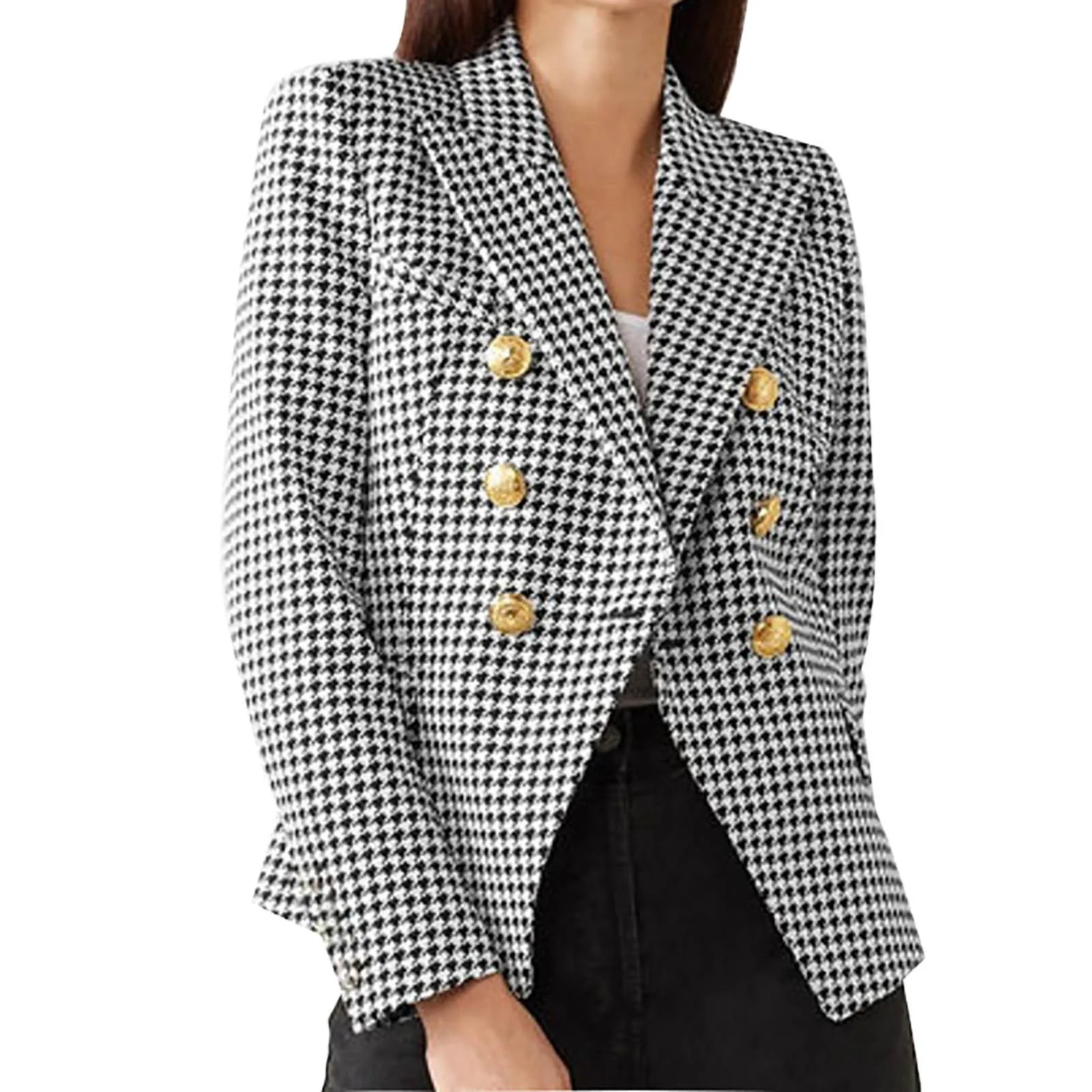 Winter Black Plaid Blazer Women 2024 Slim Blazer Jacket Female Double Breasted Metal Lion Buttons Blazer Pink Coat mujer de moda