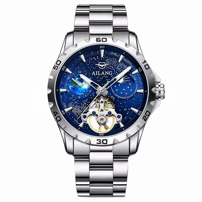 AILANG Tourbillon Mechanical Luxury Men's watches Stainless steel Waterproof Moon Phase Watch Luminous watch for men reloj