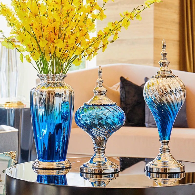 

Luxury Sapphire Crystal Glass Vase with LidLiving Room Decoration Storage Jar Gradient Glass Flower Vase Dining Table Decoration