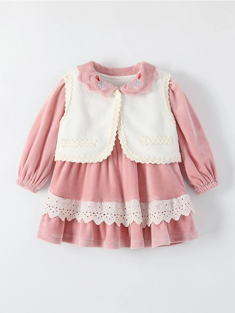 

Autumn Winter Warm Baby Girl Dress Suits Sweet Long Sleeve Single Breasted Pink Dress+Solid Color Vest Coat 2 Pieces Sets