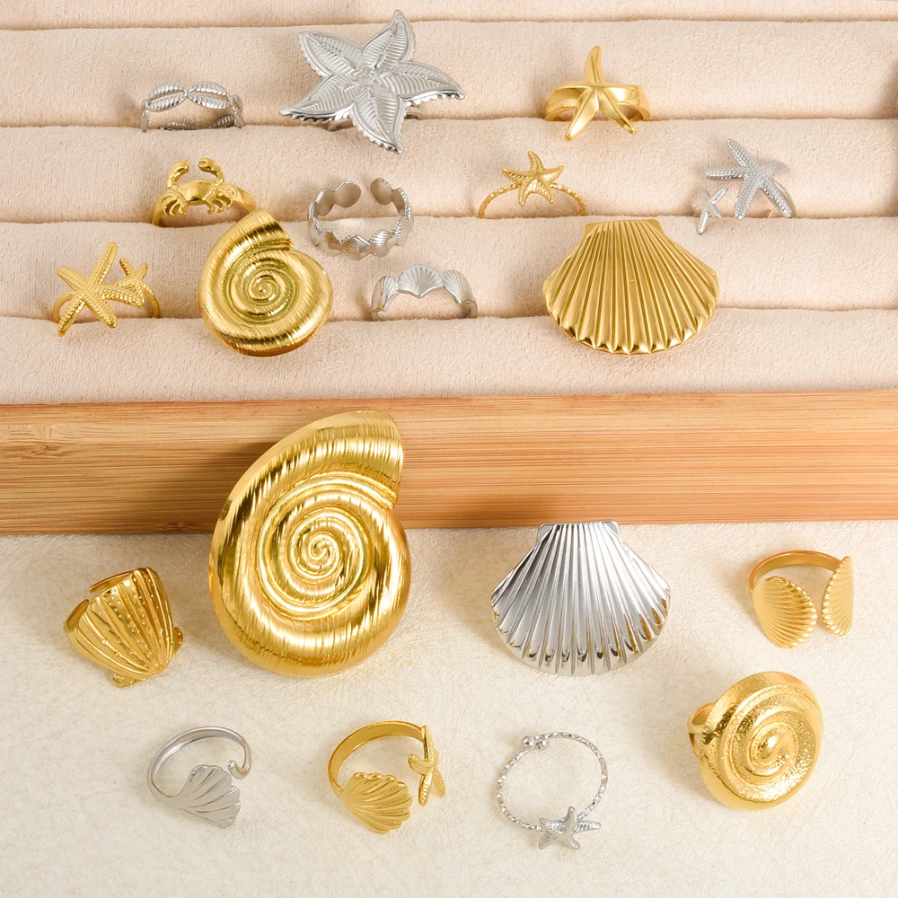 10pcs/lot Wholesale Stainless Steel Summer Beach Marine Animal Ring Metal Starfish Shell Conch Rings Bijoux Femmes Jewelry Gift