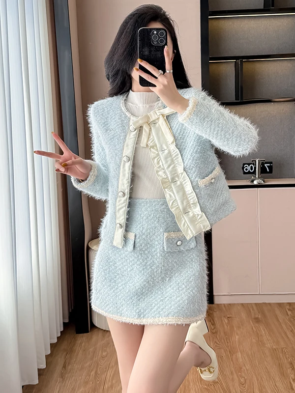 

Комплект из двух предметов со юбкой Fraance Sle с высокой талией и верхней одеждой для женщин, модный и теплый для осени и зимы.