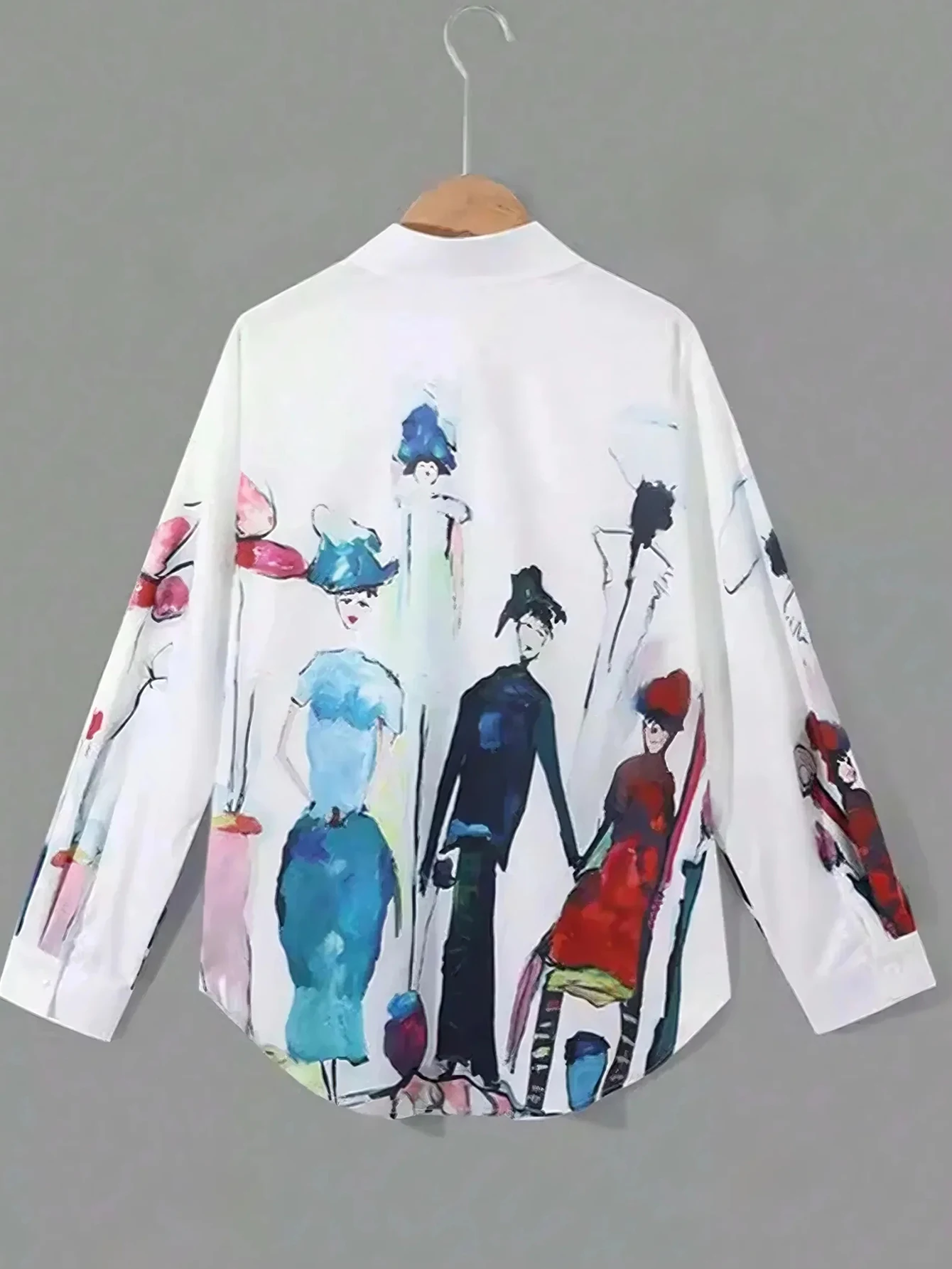 Women Artistic Figure Print Long Sleeve Button Down Shirt Lapel Collar Casual Loose Blouse Top Standard Size