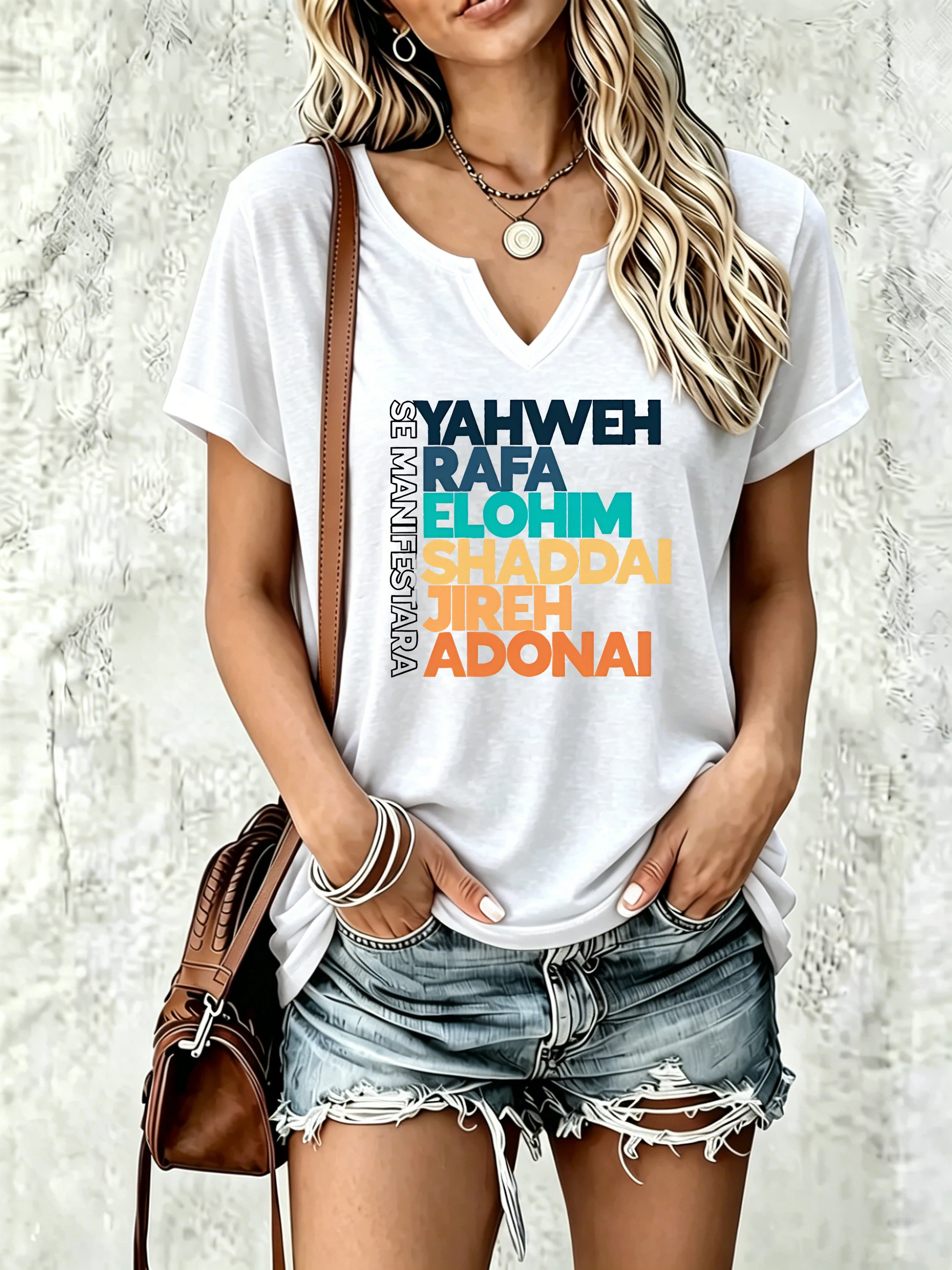 Women Summer V Neck T Shirt, Religious Faith Multicolor Letter Print, Soft Breathable Religious Casual Basic Tee for Women