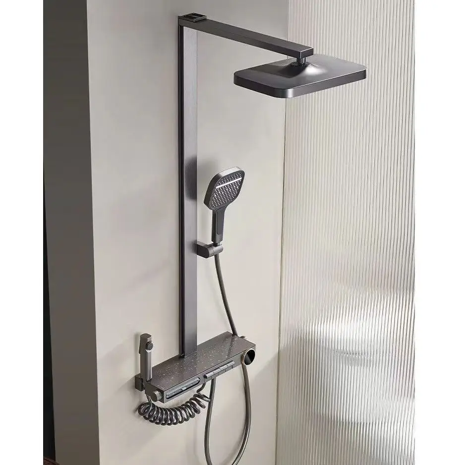#Rain Shower Set, LED Display, Temperature Control, Massage Spray, Gun Gray, 6-Function, High Pressure, Bathroom Fixture