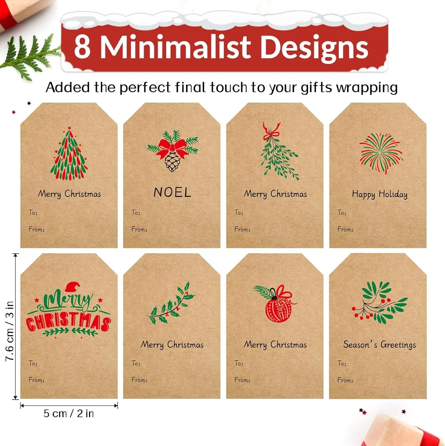 Christmas Gift Tags, Natural Kraft Gift Stickers for Christmas Presents, Self Adhesive to and from Name Tags, 120Pcs Xmas Presen