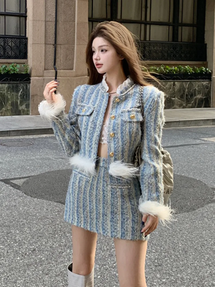 High Street Tweed Two Piece Sets Women Outfits New Fashion Sweet Short Jacket Coat + Mini Skirt 2 Piece Suits