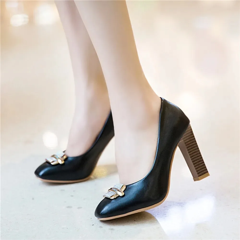 Block High Heels Women Elegant Fashion Metal Decorations Rhinestone Square Toe Party Dress Wedding Pumps Shoes Big Size 45 T711