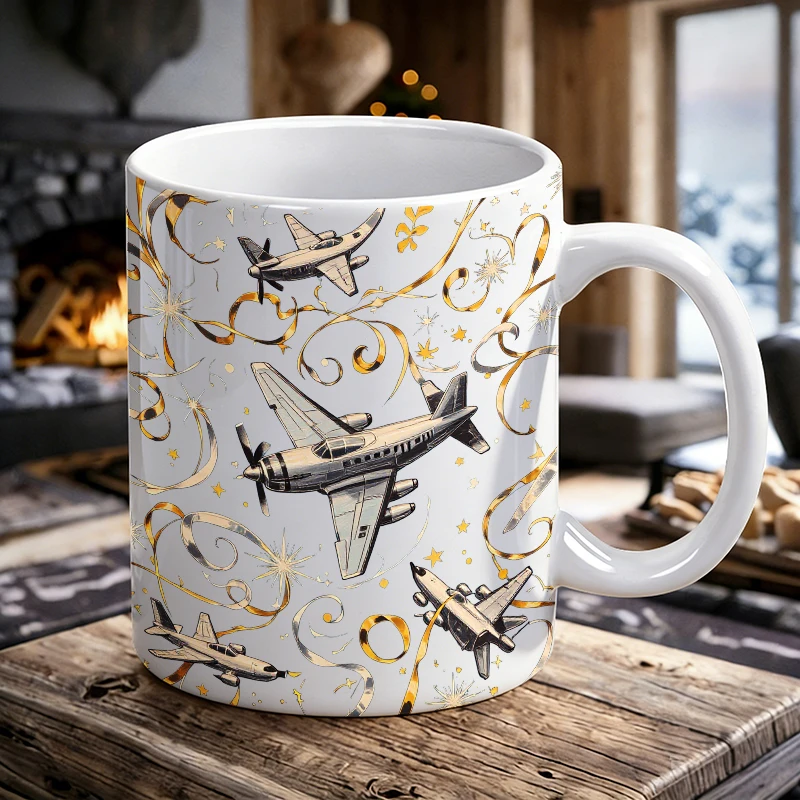 

Cup & Mug Set, Vintage Airplane Gold Ribbon Ceramic Mug, Coffee Cup, Milk Cup, Office Tea Cup, Drinking Cup, Gift for Friends