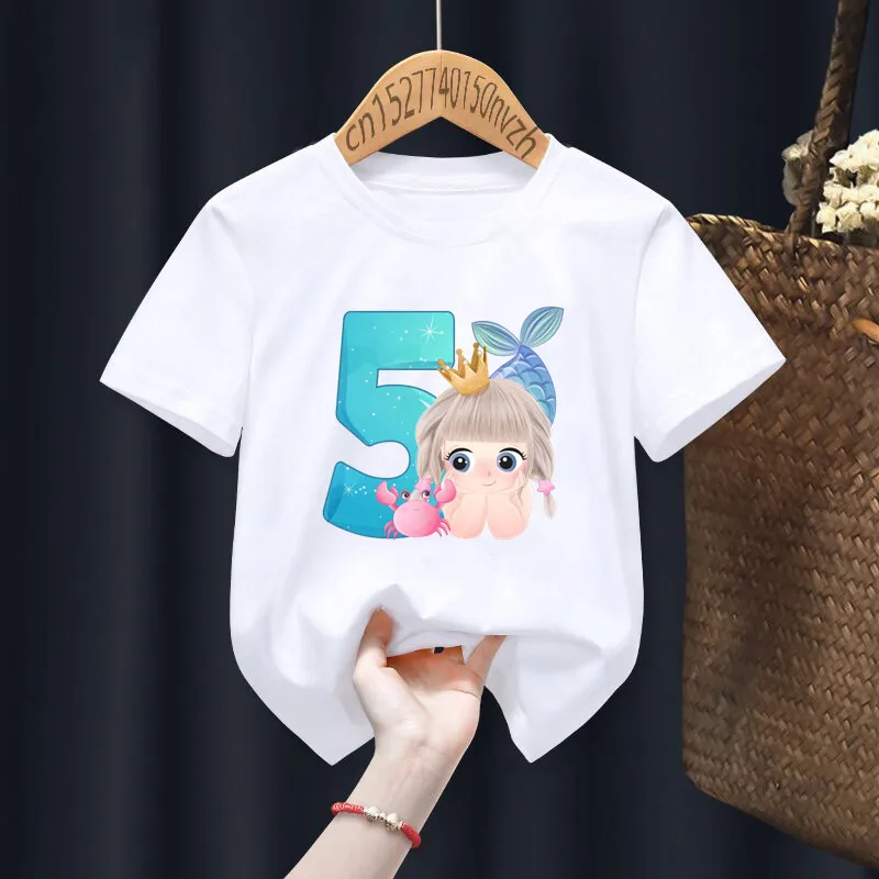 Camiseta blanca con estampado de números de cumpleaños de sirena para niño y niña, ropa divertida Harajuku Kawaii, ropa Y2K para bebé pequeño, envío