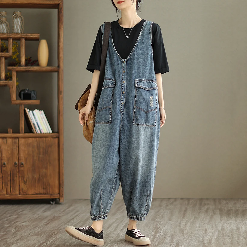 619 Spring Summer Fashion Women's Solid Color High Quality Jeans Female Vintage Casual Loose Multi Pockets Overalls Denim Pants