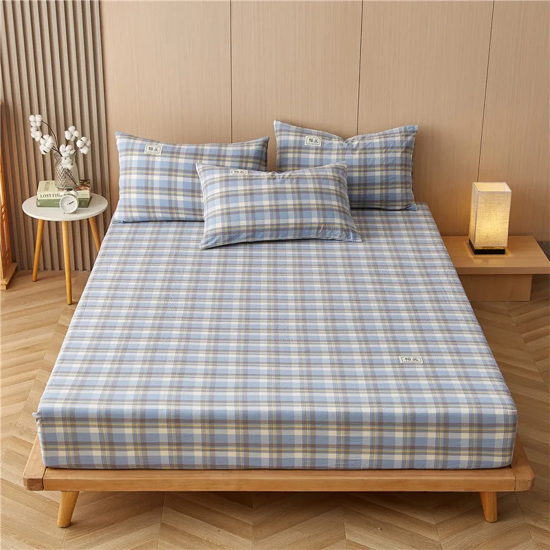 Bonenjoy 1pc Fitted Sheet Soft Bed Cover Plaid Style Bed Sheets Home Elastic Mattress Protector roupa de cama (No Pillowcase)