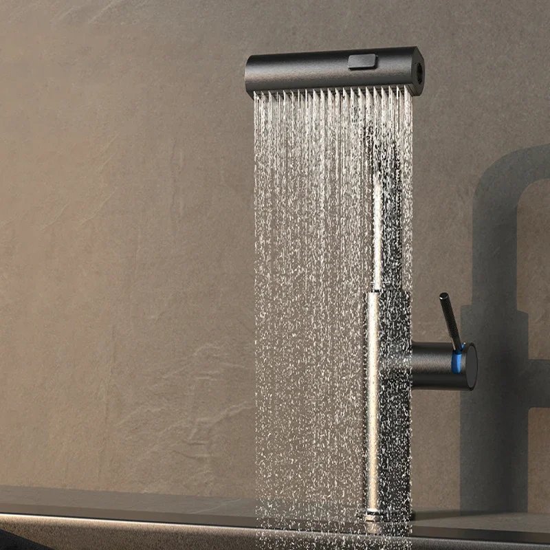 

Brass Gray Bathroom Basin Faucet Pull Out Hot and Cold Mixer Sink Tap Multi-function Nozzle Kitchen Faucet Waterfall Tap