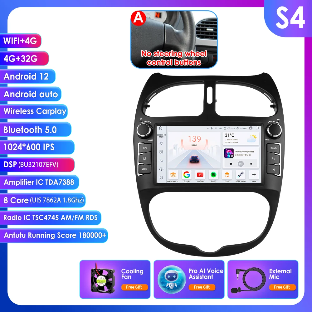Voor Peugeot 206 2001-2008 Autoradio Multimedia Video Player Navigatie GPS 4G Carplay Android 14 AutoRadio stereo 7 ''Hoofd Unit