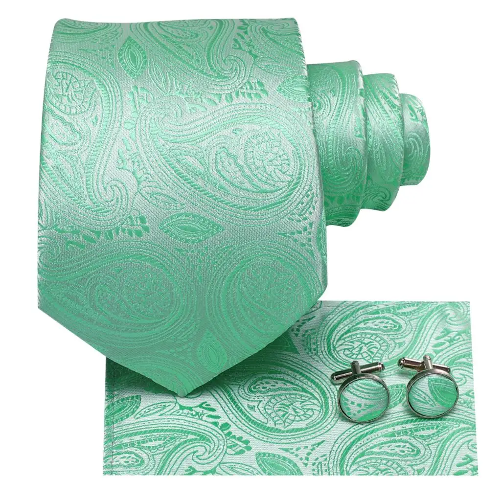 Mint Green Paisley 2023 New Elegant Men Tie Hanky Cufflink Silk Necktie For Men Wedding Party Business Fashion Brand Hi-Tie